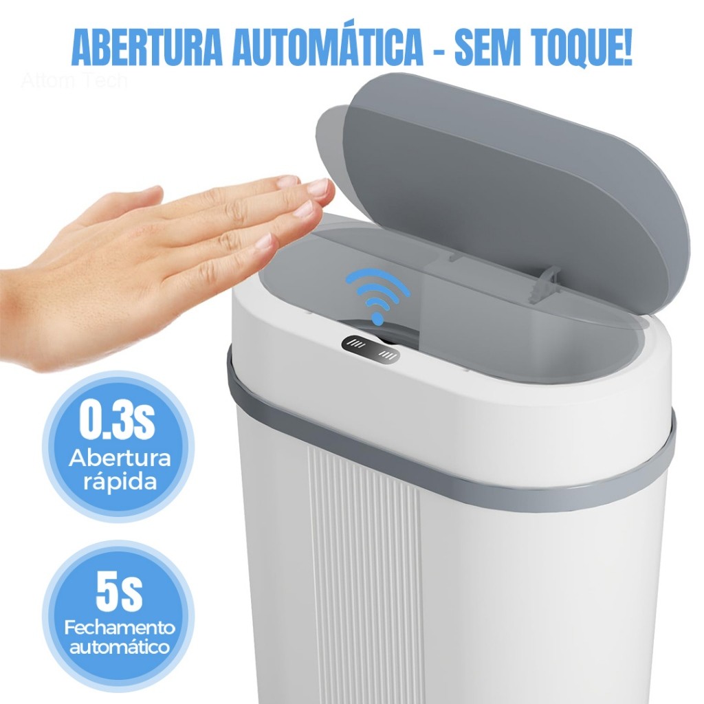 Lixeira Automática 12 Litros Com Sensor Infravermelho Tampa Para Cozinha Banheiro Escritório Quarto - foto 2