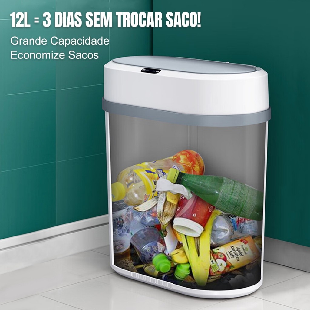 Lixeira Automática 12 Litros Com Sensor Infravermelho Tampa Para Cozinha Banheiro Escritório Quarto - foto 4