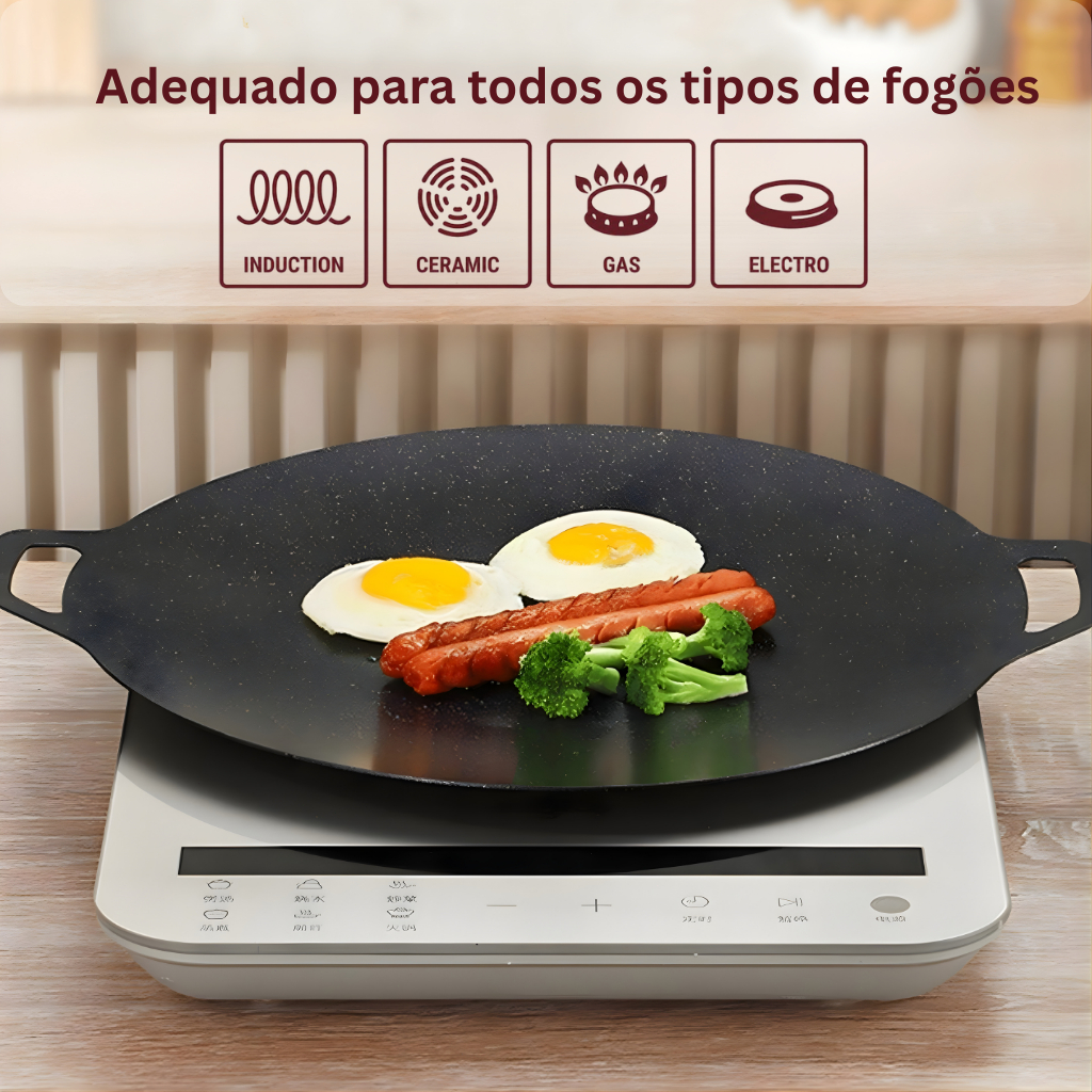 Frigideira Grill Redonda Antiaderente de Ferro – Chapa para Churrasco, Grelhar Carnes e Legumes - foto 2