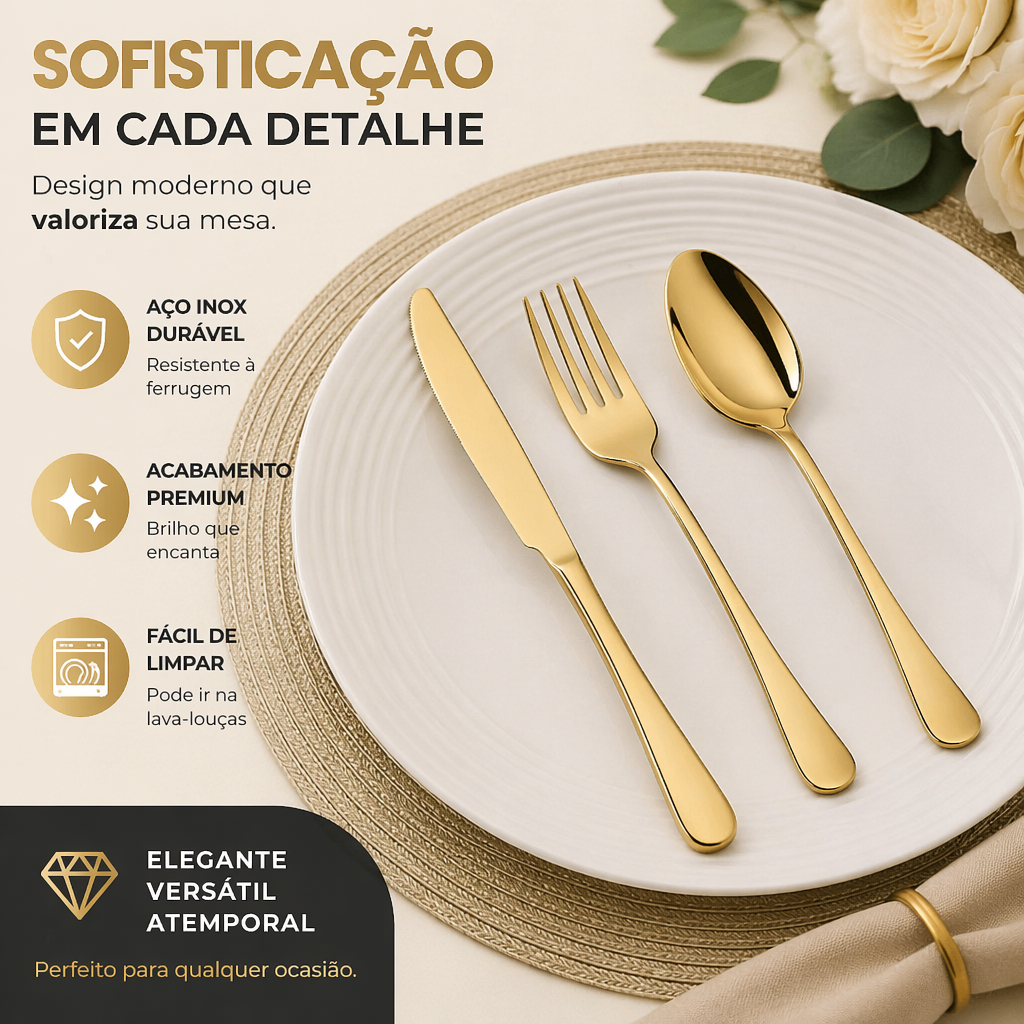 24 Peças Talheres Ouro De Aço Inox Garfo Colher Faca Colher De Mesa - foto 1