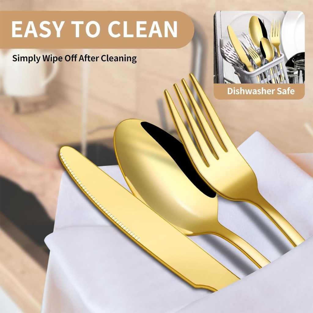 24 Peças Talheres Ouro De Aço Inox Garfo Colher Faca Colher De Mesa - foto 4